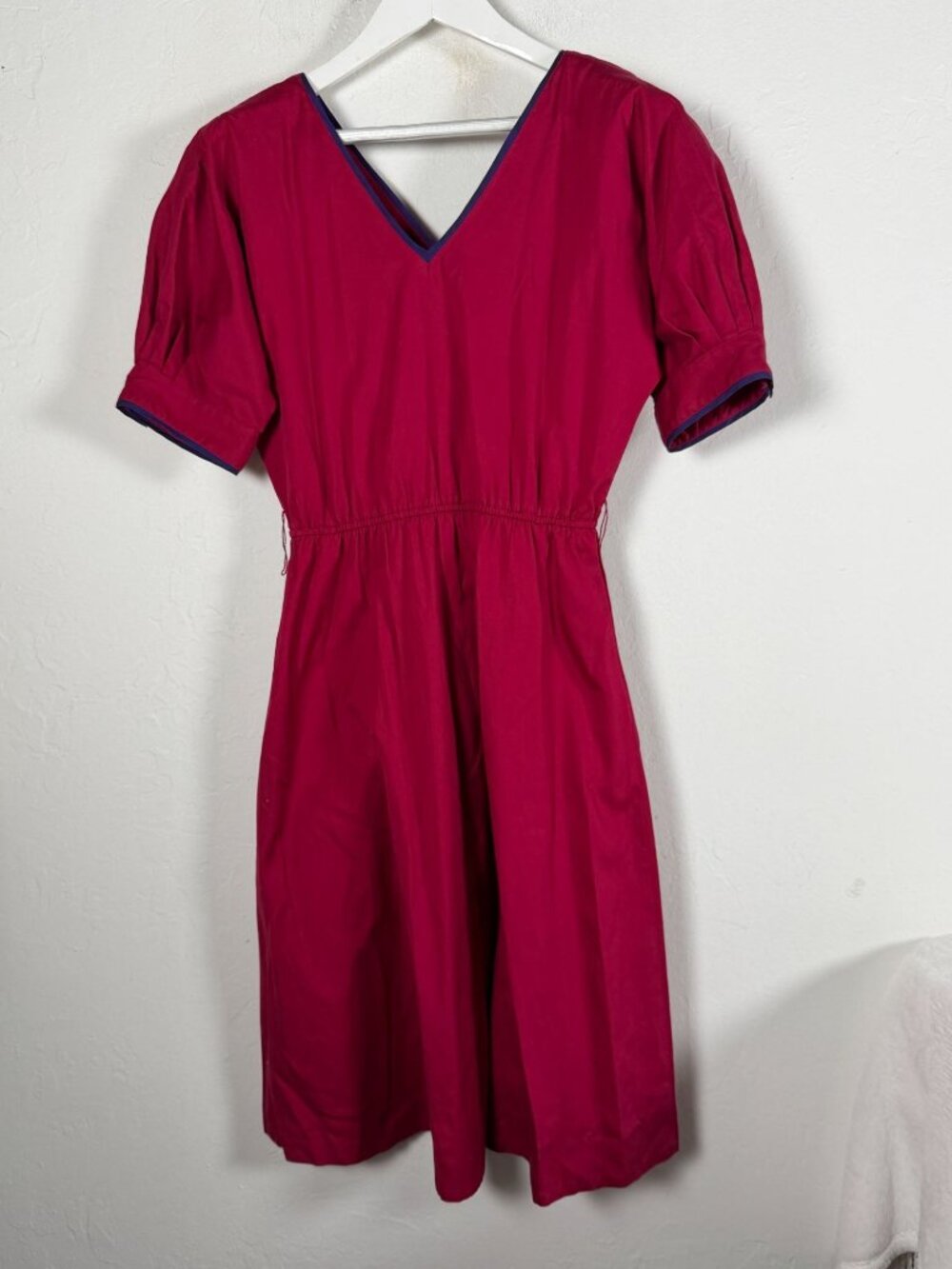 Vintage Joanie Char Women Red Pink V-Neck Cotton A-Line Dress Size 6 Puff Sleeve